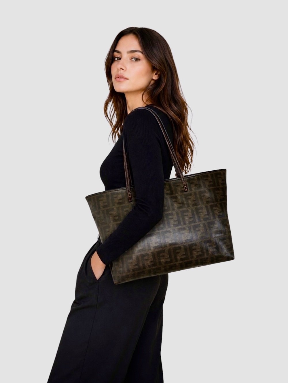 FENDI FF Brown Zucca Pattern Shoulder Tote - Picture 2 of 12